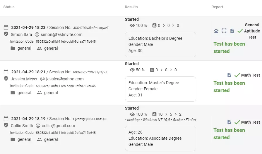 Viewing the progress of candidates on their current online tests, seeing their pre-test form answers