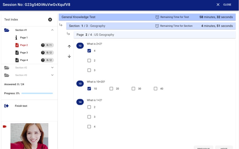 Candidate's screen during online exam in Testinvite Exam Software