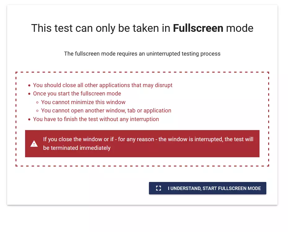 The authentication screen before taking an exam in Testinvite assessment software