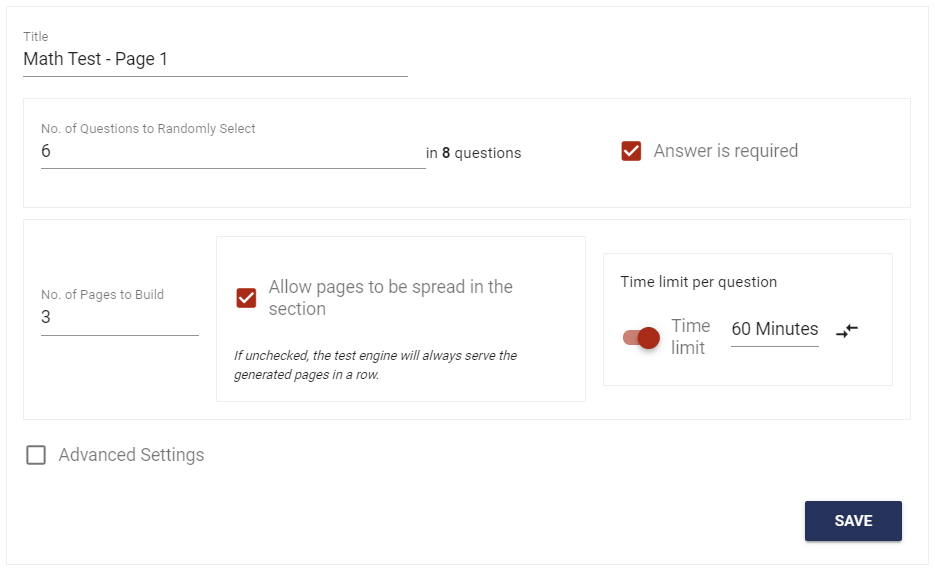 Auto page builder setting menu to create a question pool, choose how many questions will be used, and more