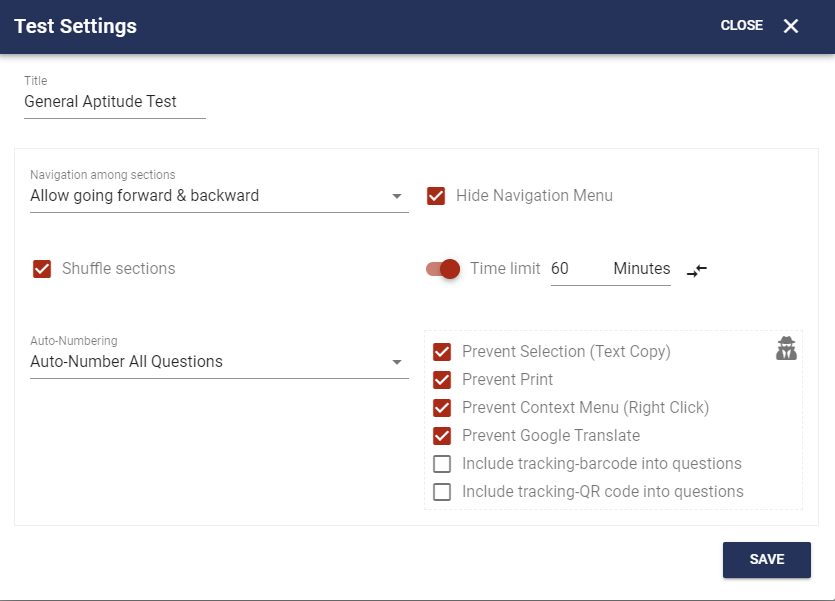 Setting time limit for the entire test, along with navigation and shuffling options