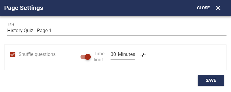 Time limit and question shuffling options for each page of the quiz