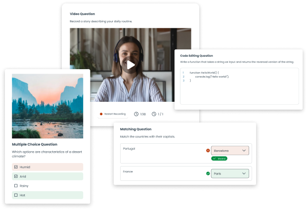 Test interface displaying multiple choice, video, code editing, and matching questions