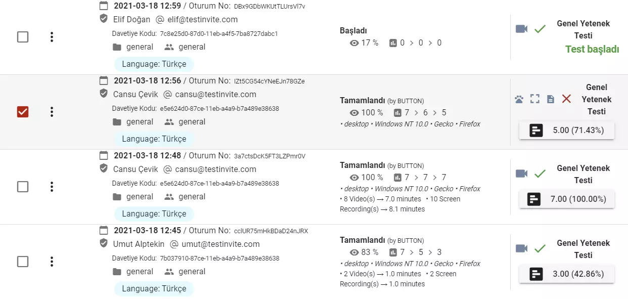 Online sınav sürecinde adayların durumlarını kontrol etme ekranı