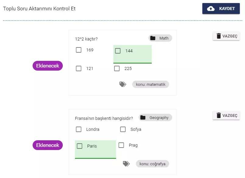 Online soru bankasına toplu soru aktarımı ön izlemesi