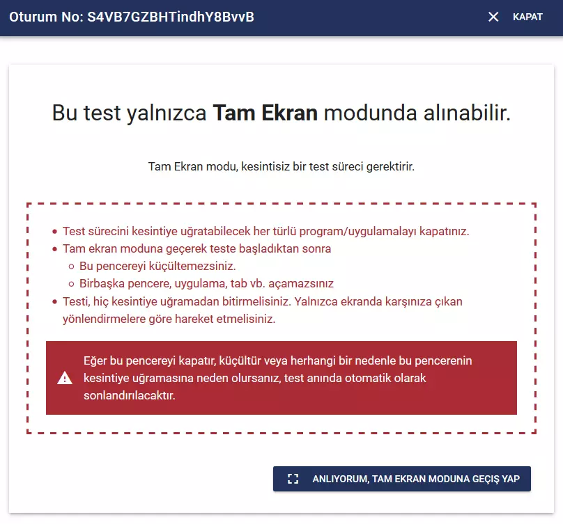 Tam ekran kilidi gerektiren online sınav başlangıcı