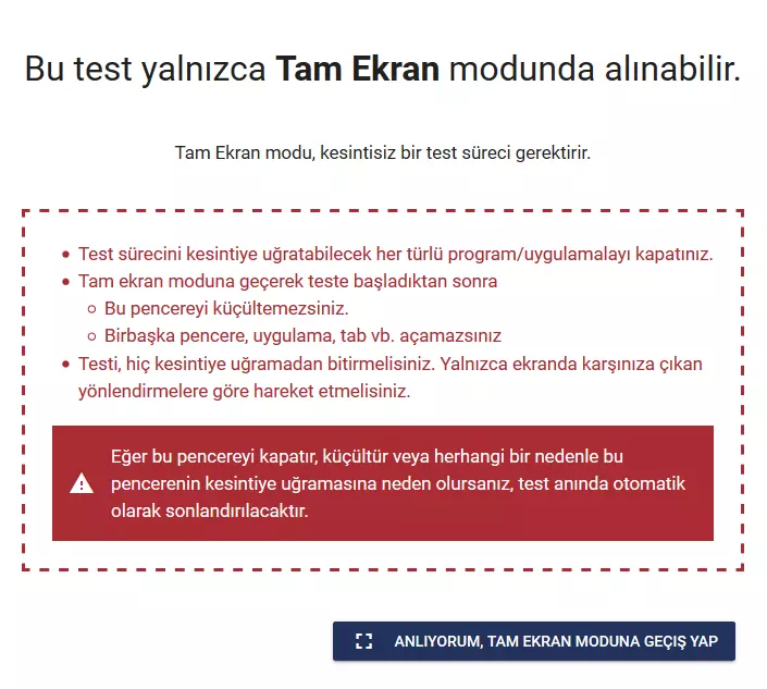 Tam ekran kilidi gerektiren online sınav başlangıcı